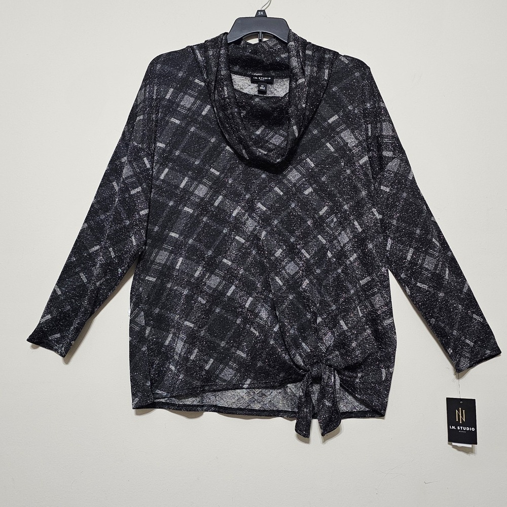 IN Studio Top Blouse Plus Size 3X Black Gray Plaid Long Sleeve Turtle Neck  1058